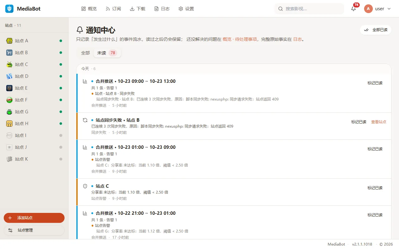通知中心：合并推送与单条告警按时间排列。